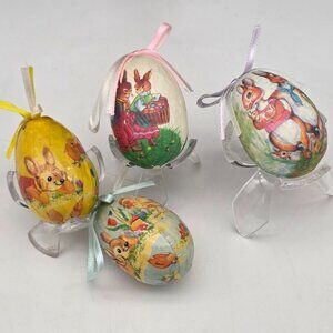 Handmade Vintage Easter Paper Mache Eggs With Ribbons & Bunny - Set Of 4